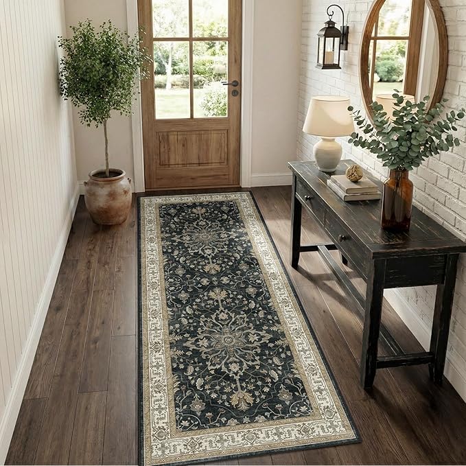 RELEANY Area Rugs Runner 2'x6' Washable Non-Slip, Floral Vintage Distress Medallion Carpet for Kitchen Hallway Bedroom Beside Laundry Room Bathroom, Vintage Black Brown Neutral