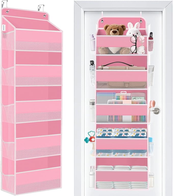 WISELIFE Over The Door Organizer - 5 Shelves Large Capacity Hanging Bedroom Storage Solution with Side Pockets for Dorm Bathroom Pantry Nursery and Baby Essentials Holds up to 40 Lbs (Pink)