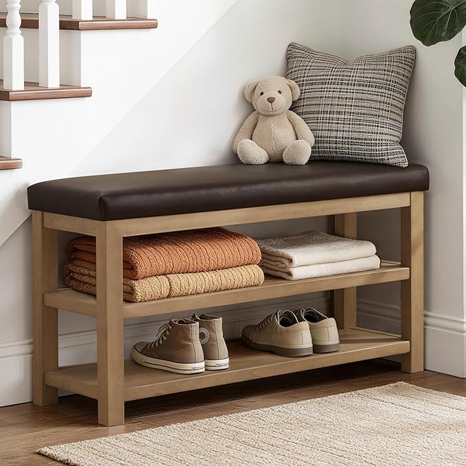 Zihanhome Shoe Rack Bench with Leather Cushion, 2 Tier Solid Wood Storage Bench, Mid-Century Modern Shoe Bench for Entryway, Hallway, Closet, Front Door Entrance, Foyer (Dark Brown, 46.5)