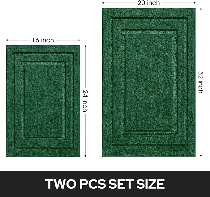 HOMEIDEAS Bathroom Rugs Sets 2 Piece, Super Soft and Absorbent Non Slip Microfiber Machine Washable Bath Mat Set (20" x 32" + 16" x 24", Dark Green)