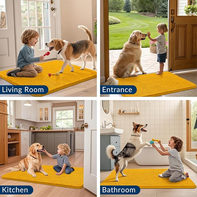 Smiry Dog Door Mat for Muddy Paws 30x17, Absorbent Dirt Trapper, Non-Slip Washable Chenille Entryway Rug for Inside Floor, Golden Yellow, Classic Solid