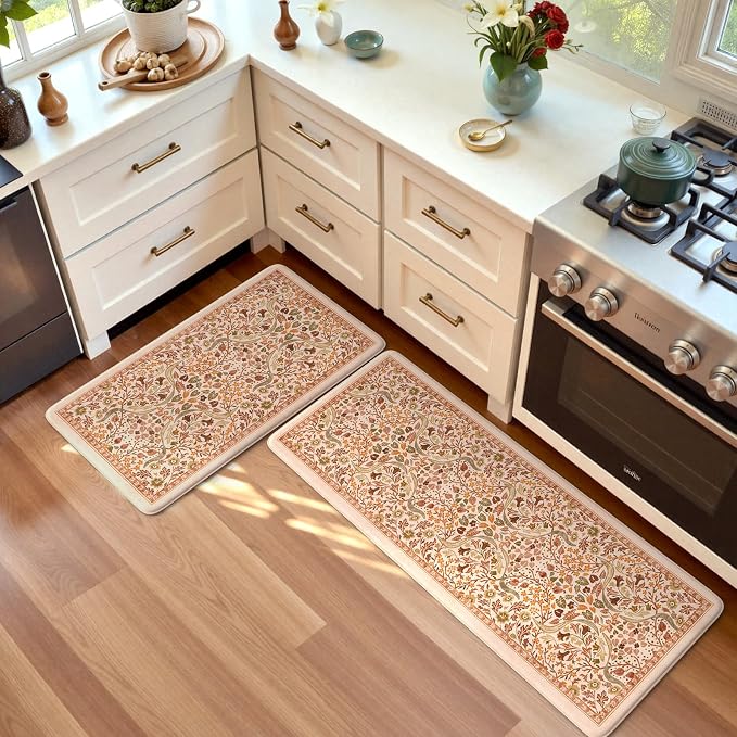 Collive Fall Orange Floral Kitchen Mats, Cushioned Anti Fatigue Kitchens Rugs Set of 2 Non Slip Desk Mats, Waterproof Sink Mat Comfort Standing Rug for Home Office Decoration