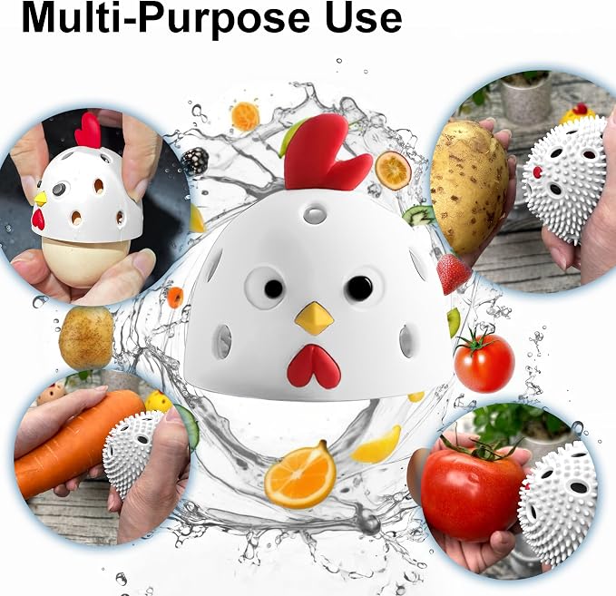 Egg Washer for Fresh Eggs, Egg Scrubber for Fresh Eggs, Reusable Silicone Chicken Shaped Scrubs, Chicken Egg Cleaner, Eggshell Cleaner for Poultry Farm, Housewife Kitchen Helper Tool (White Chick Cap)