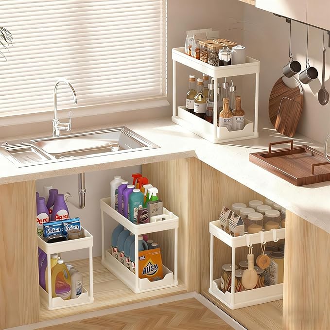 Under Sink Organizers and Storage 2 Pack, Pull-Out Sliding Cabinet Organizer with 2-Tier Storage Shelf & 4 Hooks, Multi-Purpose for Kitchen & Bathroom (13 Inch, White)