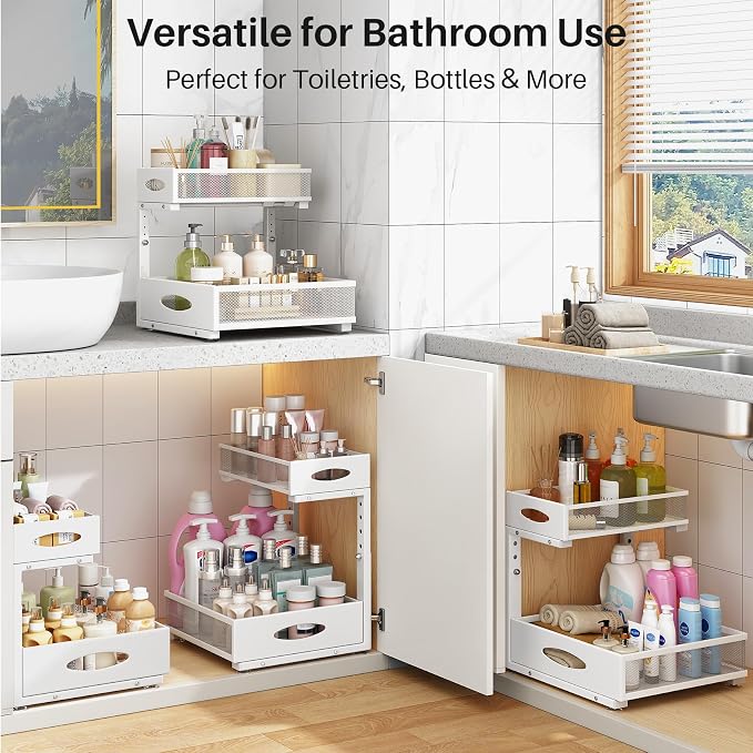 Under Sink Organizer, 2 Pack 2 Tier Pull Out Under Cabinet Organizer Shelf with Pad for Framed Cabinets, Metal Slide Out Under Sink Storage, Mesh Sliding Drawers for Kitchen Bathroom Laundry, White