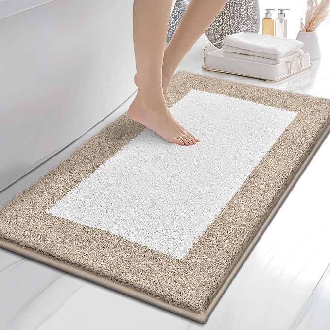 anllugs Bathroom Rugs 24" x 36", Non-Slip Extra Soft Absorbent Bath Rugs, Machine Washable Quick Dry Bath Mats for Bathroom Floor, Shower, Bathtub and Sink, Beige & White
