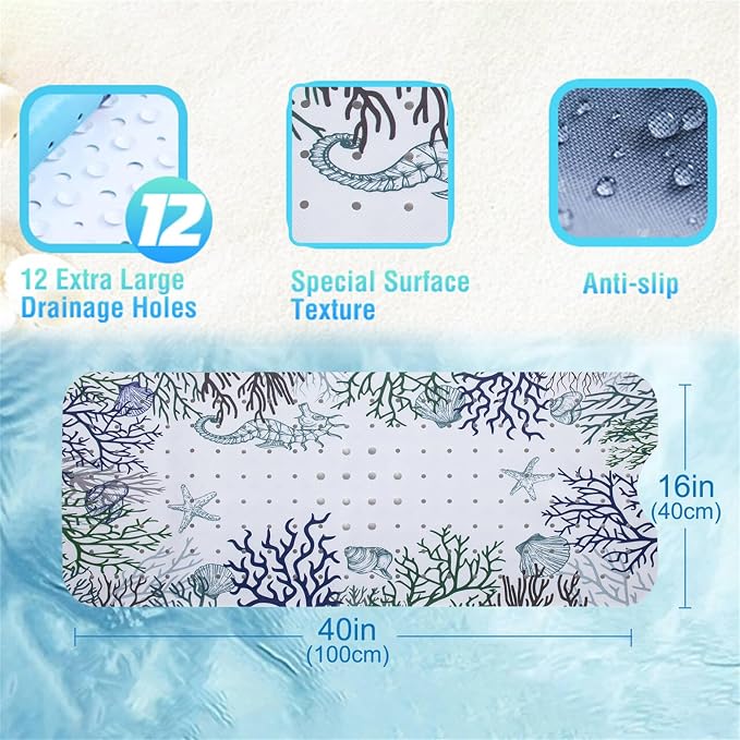 Bathtub Mat Non Slip 40x16 Inch Extra Long Bath Mat, Sea Animals Shower Mat Non Slip Bath Mat for Tub Anti Slip with Large Drain Holes and Suction Cups, Ocean Design Bathroom Mat for Bathroom Decor ﻿