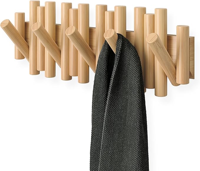 Umbra Picket Coat Rack Wall Mount – 5 Flip-Down Wood Coat Hooks, Modern & Functional Storage, Easy Install Wall Hooks, Natural