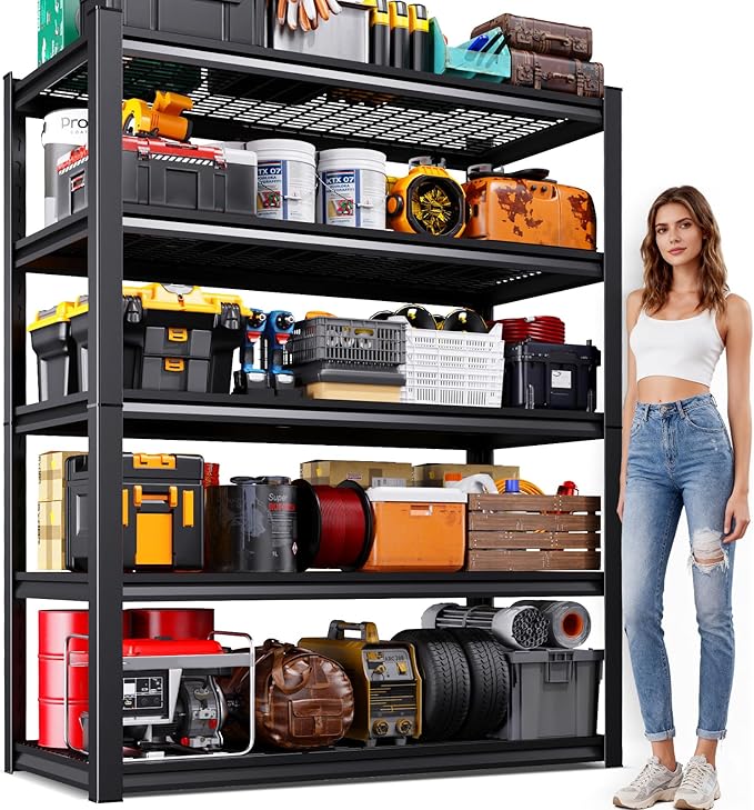 Garage Shelving-3000 lbs 5 Tier Storage Shelves, Adjustable Heavy Duty Metal Shelving Unit and Storage Large Wire Rack, Utility Steel Shelf for Warehouse Industrial Pantry Basement -78"x46"x20", Black
