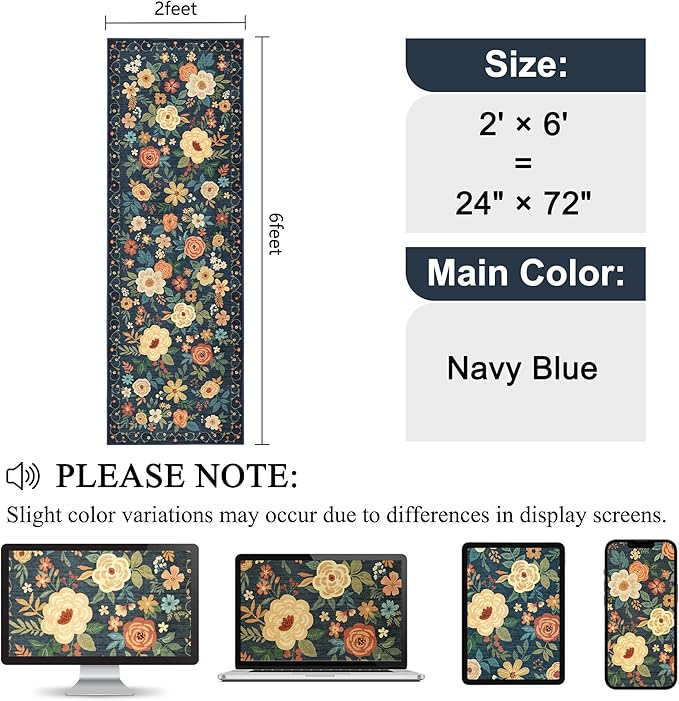 DUKINO 2x6 Runner Rug for Hallway, Washable Kitchen Runner Rug with Non Slip Backing, Low Pile Soft Boho Floral Runner for Kitchen, Hallway, Entryway, Laundry, Bedroom, Dark Blue