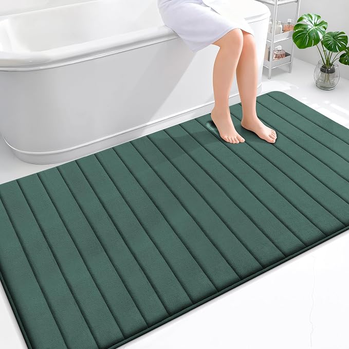 OLANLY Memory Foam Bath Mat 70x46, Super Soft Absorbent Bathroom Rugs, Quick Dry, Machine Washable Shower Floor Rugs, Bathmat Carpet, Bathroom Home Decor Accessories, Blackish Green