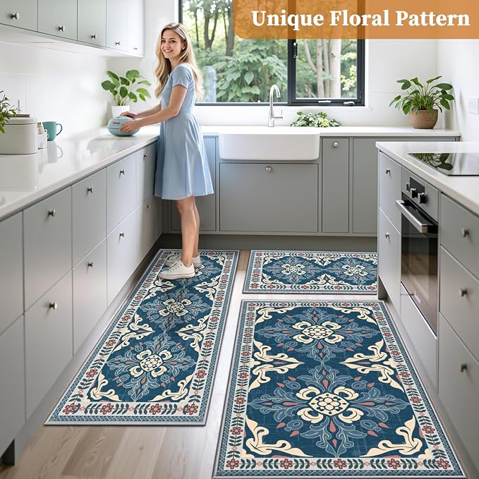 Kitchen Rugs Set of 3, Non-Slip & Washable Floor Mats, Water-Absorbent Area Pad, Standing Desk Mat for Office, Home, Doorway, Laundry, Kitchen Accessories (Retro Blue)
