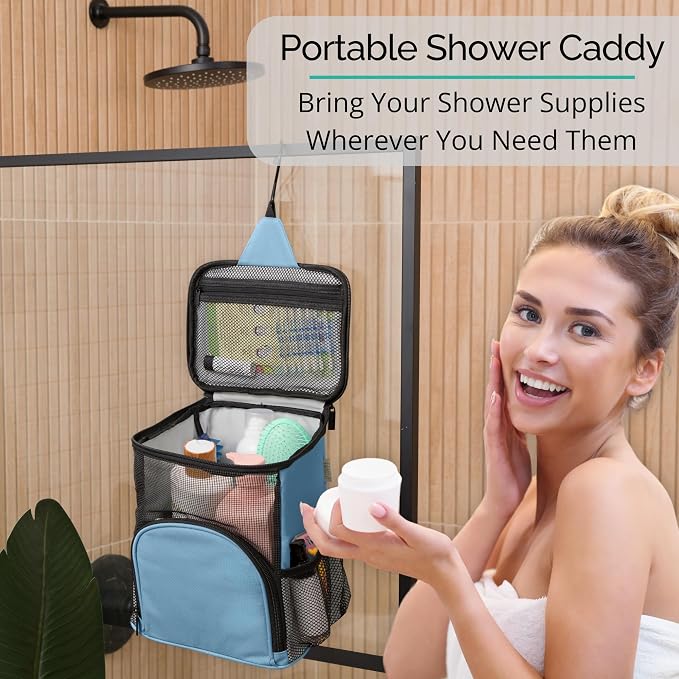 TERRA HOME College Dorm Room Essentials for Girls - Shower Caddy Dorm - Original, Portable, Durable, Roomy, Foldable Water Resistant Shower Bag in Light Pink with Metal Hook for Hanging (Light Blue)
