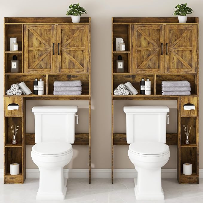 Vabches Over The Toilet Storage Cabinet, Farmhouse Storage Cabinet Over Toilet with 2 Barn Doors & Toilet Paper Holder Stand，Home Space-Saving Toilet Rack, for Bathroom, Restroom, Laundry.