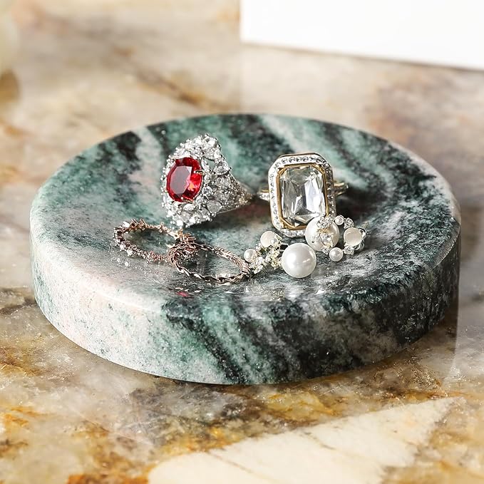Koville Marble Jewelry Dish, Small Round Trinket Dish for Ring Necklace Earring, 4" Decorative Dish, Natural Stone Soap Dish for Bathroom Kitchen
