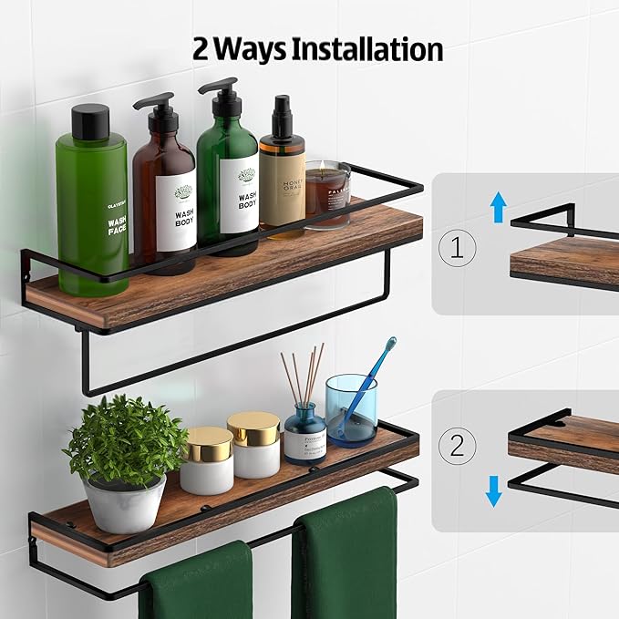 Meangood Floating Shelves Wall Mounted Set of 2, Towel Bar Rustic Wood Wall Storage Shelves for Bedroom,Living Room,Bathroom, Kitchen Rustic Brown