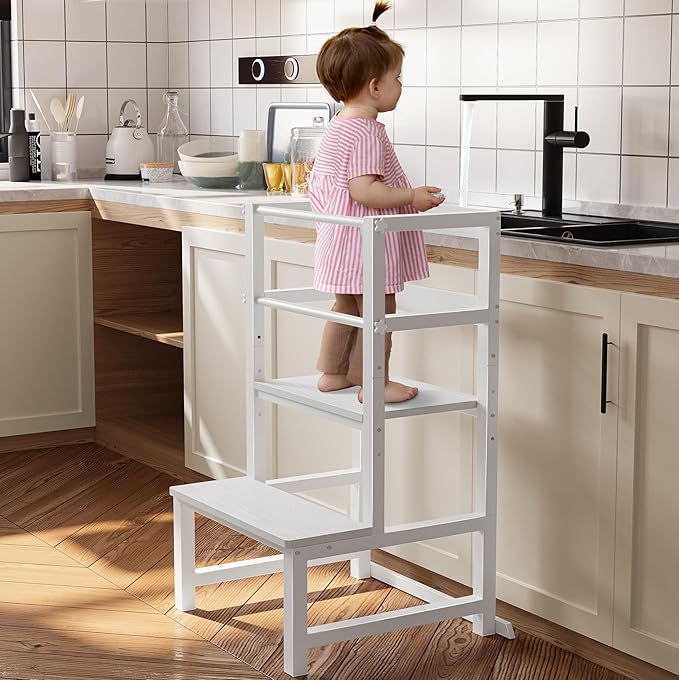 INNOD Kitchen Step Stool for Toddlers, Height Adjustable Toddler Tower with Safety Rail, Steel and Wood Toddler Kitchen Stool Helper Kids, Stool for Kids, Learning Tower, Kids' Desk White