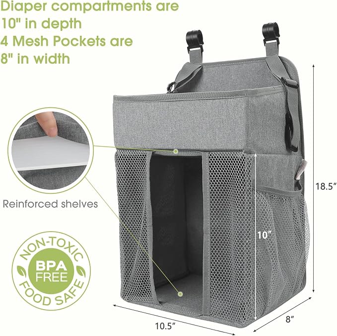 Maliton Changing Table Diaper Organizer - Baby Hanging Diaper Stacker Nursery Caddy Organizer for Cribs Playard Baby Essentials Storage (Gray)