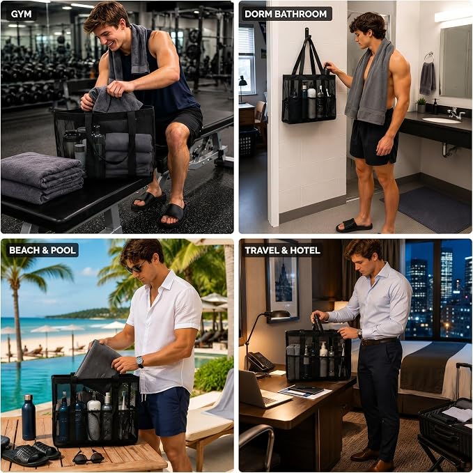 Hosuly 3-in-1 Travel Gym Dorm Shower Kit, Mesh Shower Caddy with 2 Quick Dry Towels and Non-slip Shoes, College Bathroom Essentials for Camping, Hotel and Workout(Gray and Black,10.5–11 Men(eu 44-45))