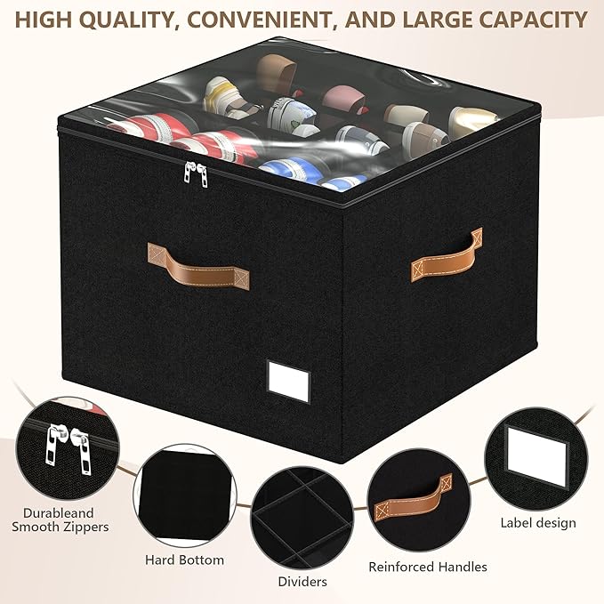 Vincona Shoe Organizer for Closet,2 Pack Shoe Storage Bins Foldable Shoe Storage Box Containers with Clear Cover and Sturdy Handles,Shoe Rack for Closet Storage for Sneakers Heels Slippers (Black)