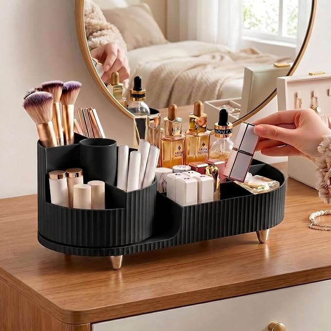 Booklov Rotating Makeup Caddy Organizer for Vanity, Large Capacity Cosmetic Display Case, Countertop Beauty Storage Holder for Skincare, Brush Eyeshadow Lipstick, Counter Desk Organization, Black