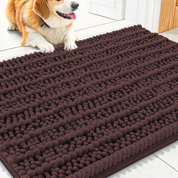 Smiry Dog Door Mat for Muddy Paws 30x20, Absorbent Dirt Trapper, Non-Slip Washable Chenille Entryway Rug for Inside Floor, Brown, Layered Pattern
