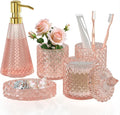 Pink Glass Bathroom Accessories Set 5 Pcs, Pink Bathroom Set, Soap Dispenser and Toothbrush Holder Set, Qtip Holder Set, Vintage Bathroom Sink Set, Cute Bathroom Decor