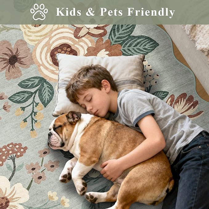 DUKINO 4x6 Area Rug, Floral Non-Slip Indoor Washable Rug with Low Pile & Non-Shedding, Lightwight Boho Design Carpet for Entryway, Bedroom, Kids Room, Living Room, Kitchen, Sage Green