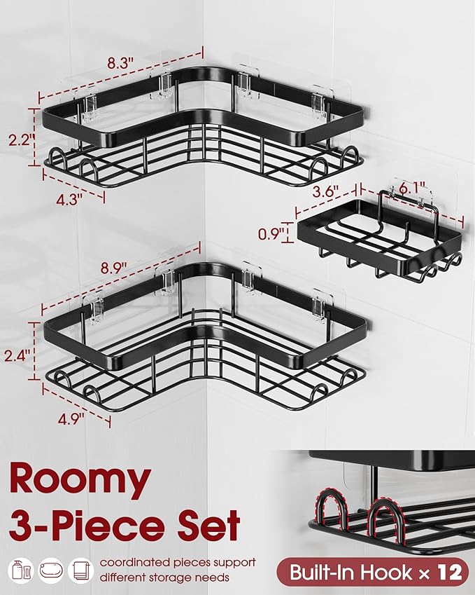 Sakugi Corner Shower Caddy - 3-Pack Shower Organizer with Soap Holder & Built-In Hooks, Rustproof Metal Shower Shelves, Laundry, Kitchen, Bathroom Organizers and Storage Solution, Large, Black