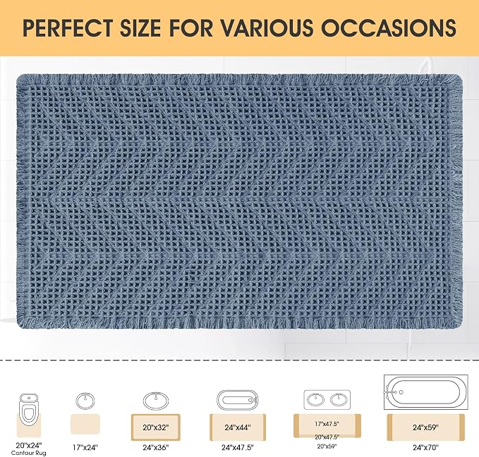 Upgrade Waffle Bath Mat, Boho Bathroom Rugs Absorbent Non Slip, Ultra Soft Bathroom Mat, Machine Washable Knit Bath Rugs with Herringbones for Bathroom, Bedroom, Kitchen, Shower, Tub, 36"x24", Blue