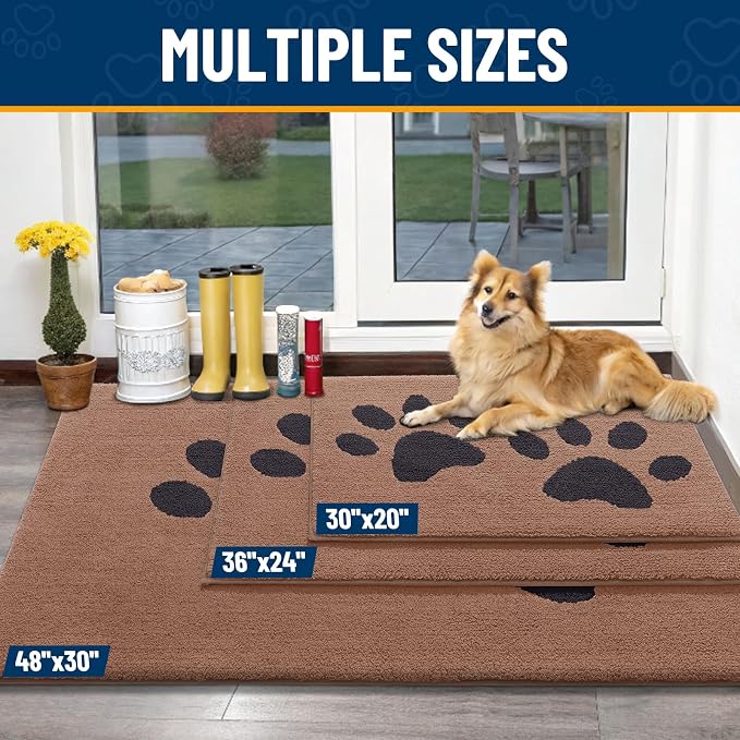 Smiry Dog Door Mat for Muddy Paws, Absorbs Moisture and Dirt, Low-Profile Entryway Mat with Non-Slip Backing, Entry Indoor Outdoor Doormat for Inside Floor (48x32 Inches, Camel and Black, Paw)
