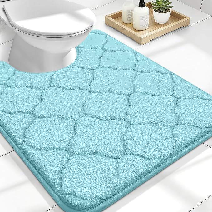 OLANLY Memory Foam Toilet Rugs U-Shaped 24x20, Ultra Soft and Absorbent Bathroom Rugs, Non-Slip, Comfortable, Machine Washable Contour Bath Mat for Toilet Base, Home Decor Accessories, Sky Blue