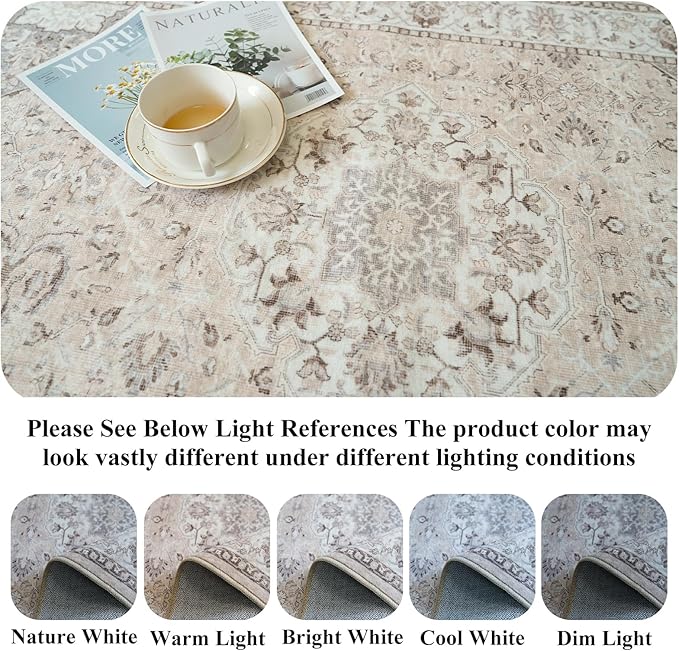 Living Room 8ft Square Area Rug: Machine Washable Large Vintage Soft Rug Stain Resistant Non Slip Floor Carpet for Bedroom Playroom Indoor Farmhouse Home Decor Mat for Office Dining Room(8x8,Beige)