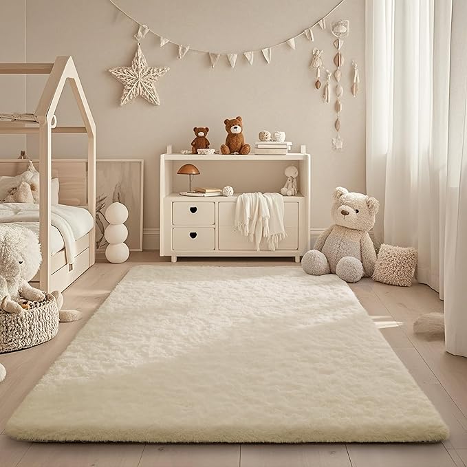 Ophanie Area Rugs for Bedroom, Christmas Upgrade Non-Slip Ivory Fluffy Soft Shag Living Room Carpet, Indoor Floor 4x6 Fuzzy Shaggy Plush Nursery Rug for Kids Home Dorm Decor Aesthetic