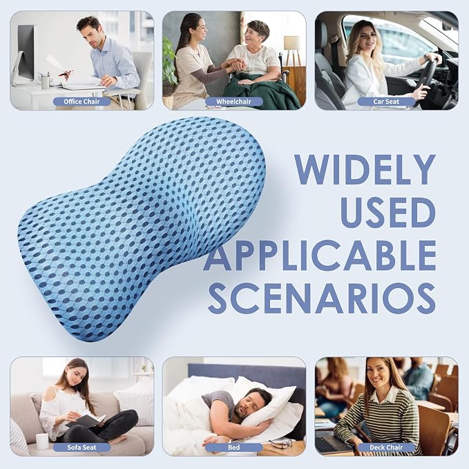 kasney Lumbar Support Pillow, Back Pillow for Low Back Pain Relief, Ergonomic Streamline Car Seat, Office Chair, Recliner and Bed (Blue)