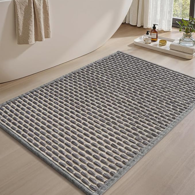AMOAMI Unique Woven Bath Mat, Super Absorbent Non Slip Bath Mats for Bathroom Floor Textured Bathroom Mat Quick Dry Washable Boho Thin Bathroom Rugs for Beside Tub, 24" x 36", Grey
