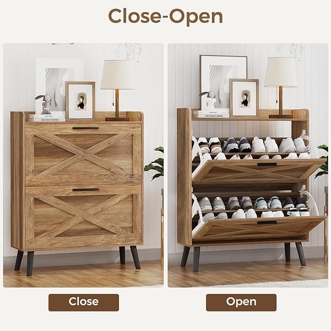Homleke 32" W Farmhouse Shoe Storage Cabinet with 2 Flip Drawers and Barn Door Design, Adjustable Shelves, Hidden Slim Narrow Shoe Rack Cabinet for Entryway, Foyer, Hallway, Living Room, Rustic Walnut