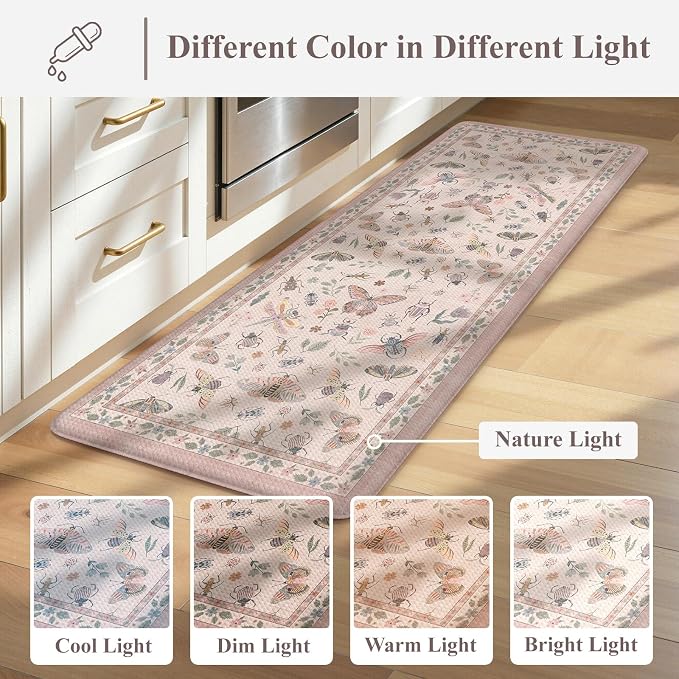 LEEVAN Anti Fatigue Mats for Kitchen Floor Non-Slip, Cushioned Kitchen Mats for Floor 2 Piece, Pink Memory Foam Kitchen Mat Set, Waterproof Ergonomic Standing Mat for Bar, Office,Desk, Laundry