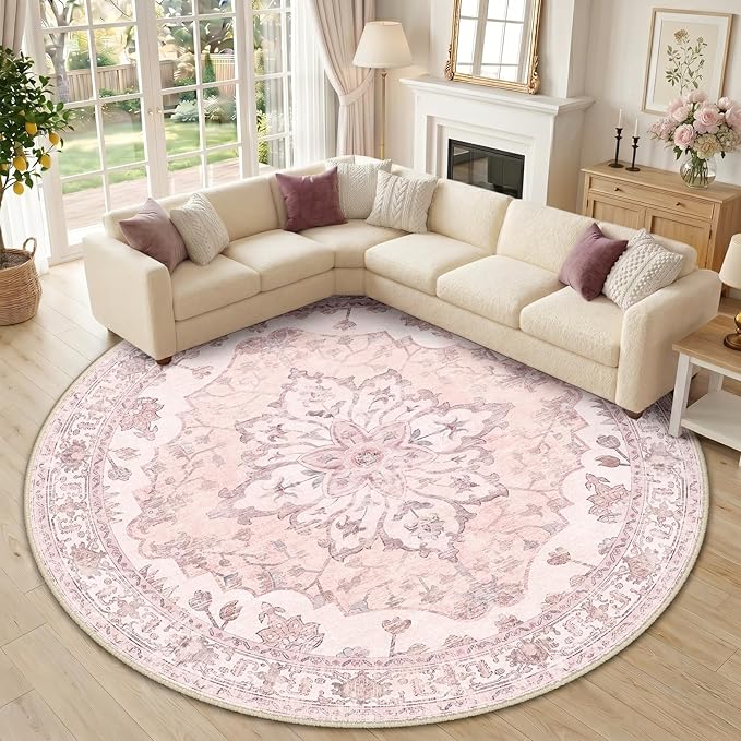 RELEANY Area Rugs Round 10ft Washable Non-Slip, Floral Vintage Distress Medallion Carpet for Living Room Bedroom Dining Room, Pink Greypink Cute