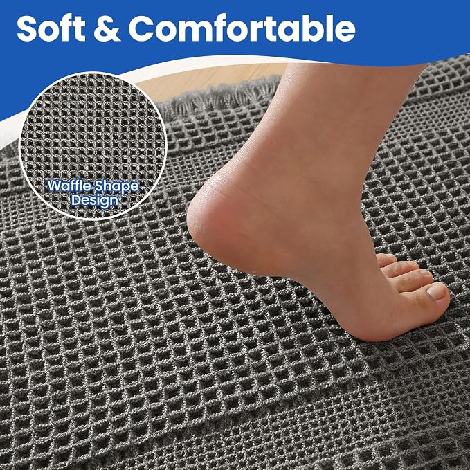 Waffle Bath Mat - Non Slip Bathroom Rugs - Washable Super Absorbent & Quick Dry Bath Mats with Tassels for Hallway Bedroom Laundry Room,17" x 24",Dark Gray