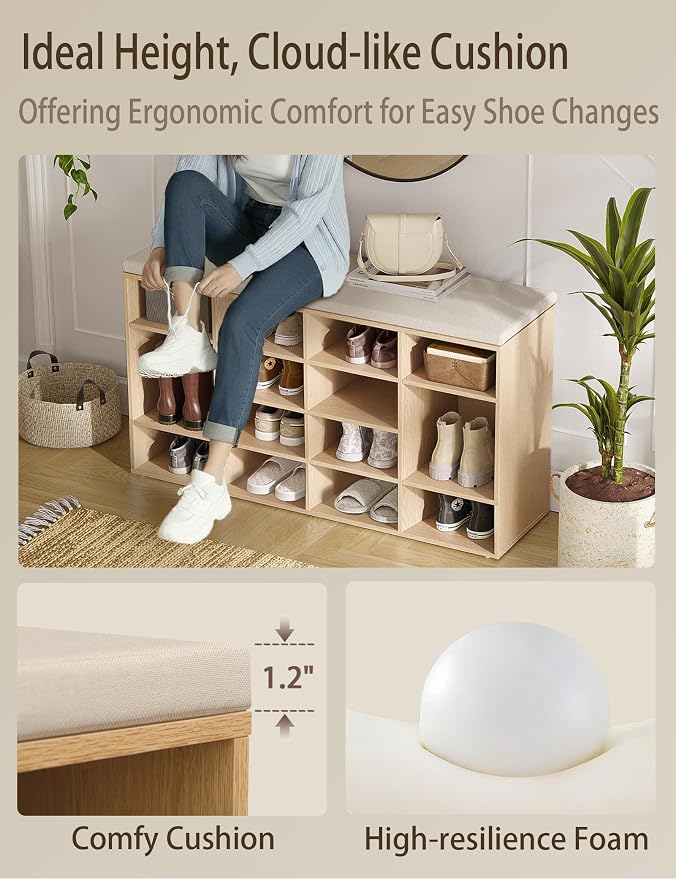 DINZI LVJ Shoe Storage Bench with Cushion, 16-Cubby Shoe Rack, Adjustable Shelves, 40.9" Long Shoe Organizer Bench for Entryway, Mudroom, Hallway, Garage, Natural and Cappuccino Beige