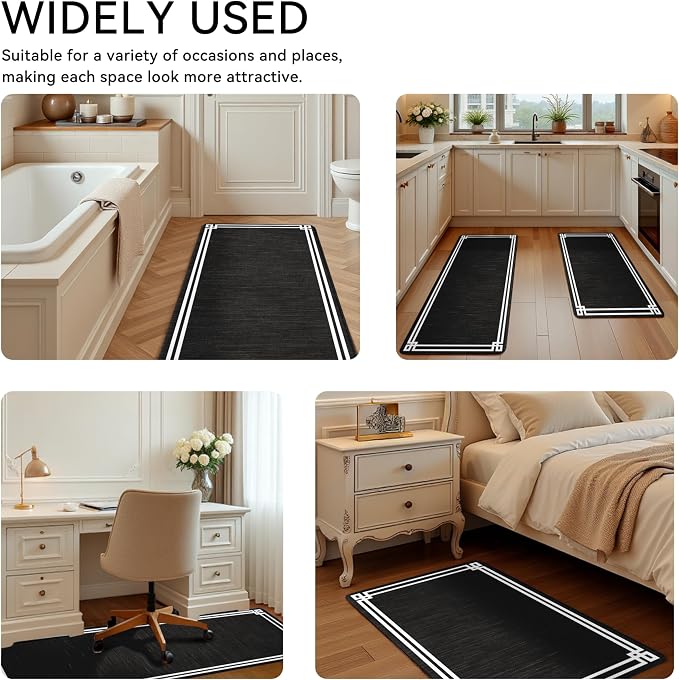 Black Retro Elegance Frame Textured Kitchen Rug Sets [2 PCs], Anti-Fatigue, Waterproof Non-Slip Kitchen Mats Heavy Duty Comfort Foam Rug for Kitchen, Floor, Laundry,17"x29"+17"x47"