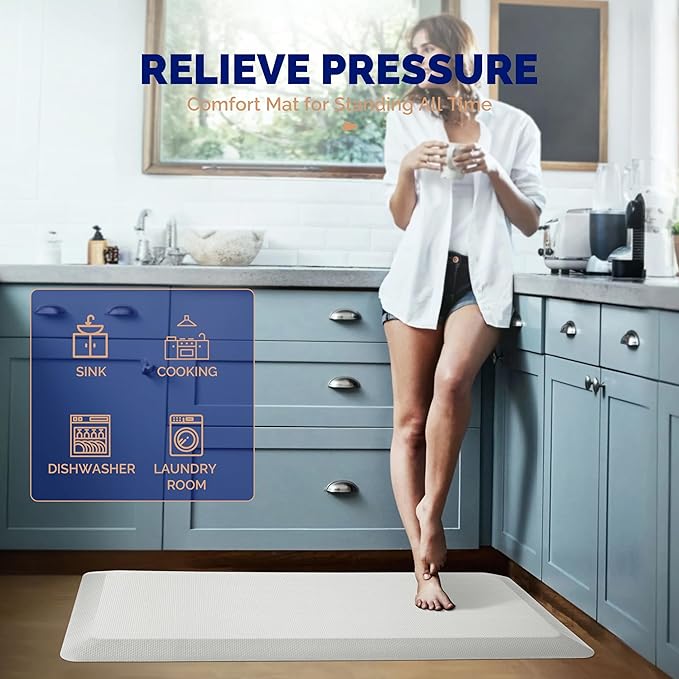 FEATOL Anti Fatigue Mats for Standing, 9/10 Extra Thick Ergonomic Standing Desk Mat, Comfort Memory Foam Standing Mat at Home,Office All Day (20" x 32", White, 2PC)