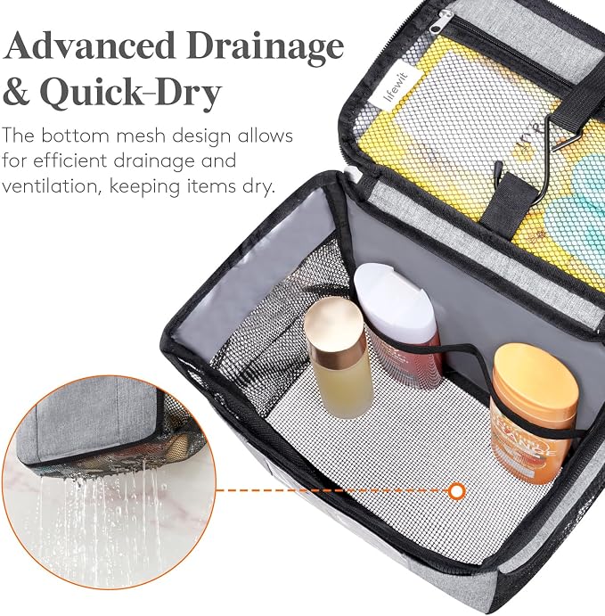 Lifewit Mesh Shower Caddy Bag Portable, Quick Dry Hanging Bathroom Organizer with PVC Phone Bag, College Dorm Room Essentials for Travel, Gym, Camping, Toiletry Tote for Women Men, Large, Grey