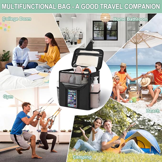 Attmu Shower Caddy Portable for Dorm Room Essentials, Hanging Shower Bag for College, Large Capacity Mesh Shower Caddy for Bath Essentials (Black)