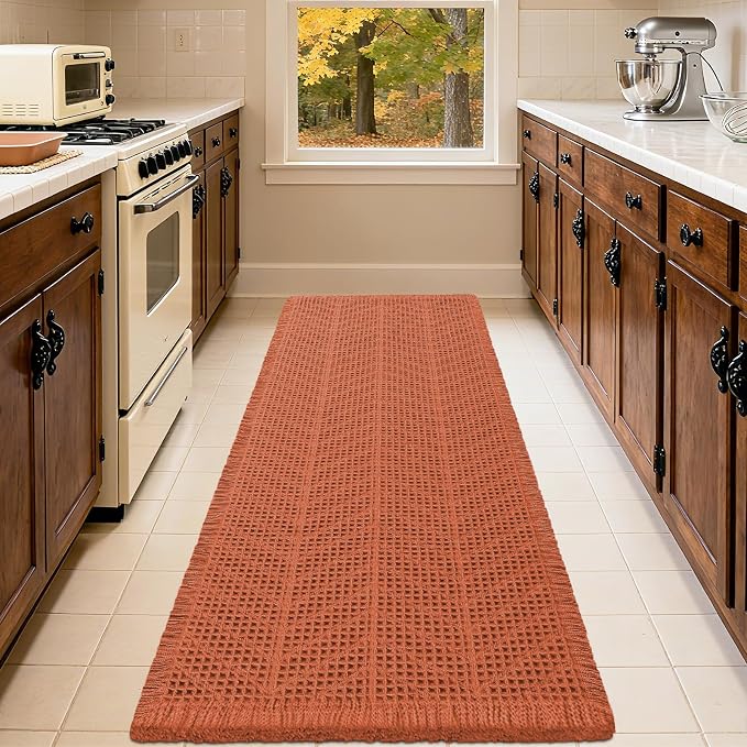 IM HOME Extra Large Waffle Bath Mat, Boho Bathroom Rugs Absorbent Non Slip, Ultra Soft Bathroom Mat, Machine Washable Knit Bath Rugs with Herringbones for Bathroom,Bedroom,Shower,6'x2', Burnt Orange