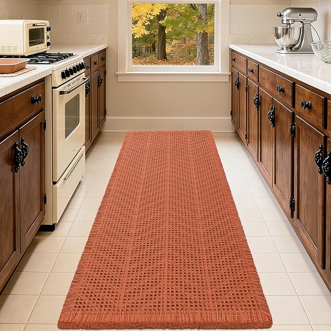 Upgrade Waffle Bath Mat, Boho Bathroom Rugs Absorbent Non Slip, Ultra Soft Bathroom Mat, Machine Washable Knit Bath Rugs with Herringbones for Bathroom, Bedroom, Kitchen, Tub, 36"x24", Burnt Orange