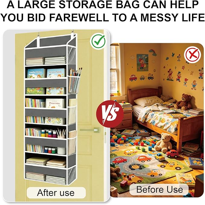 Over The Door Storage Organizer – 15 Pockets (5 Large + 10 Mesh Side Pockets), Heavy Duty 44lbs Capacity Closet Storage for Bedroom & Dorm, Behind The Door Hanging Rack for Shoes, Toys.