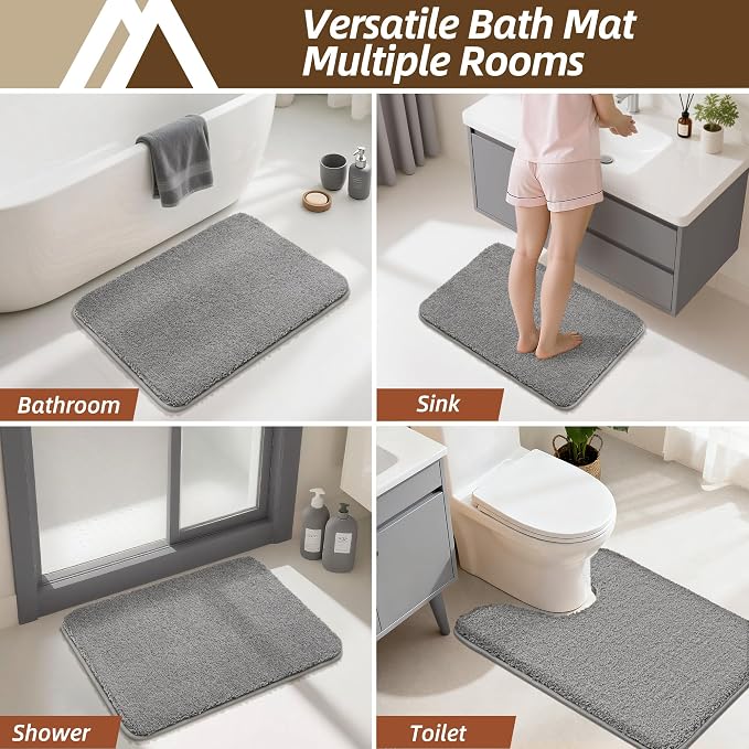 COSY HOMEER Bath Rugs for Bathroom Extra Thick - Anti-Slip Bath Mats Soft Plush Yarn Shaggy 100% Strong Mirco Polyeste Mat Living Room Bedroom Mat Floor Water Absorbent(Grey,24x48 - Inches)