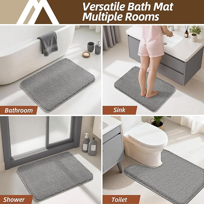 COSY HOMEER Toilet Rugs U-Shaped 24"x20",Soft Absorbent Bath Mat with Non-Slip TPR Backing, Machine Washable Shaggy Bath Rug for Toilet,Grey